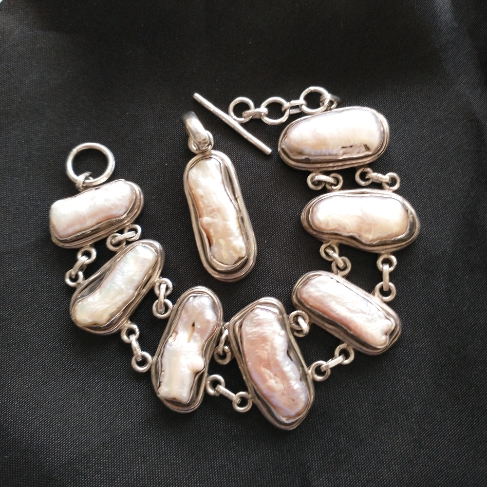 VTG STERLING SILVER Heavy MOP Bracelet & Pendant